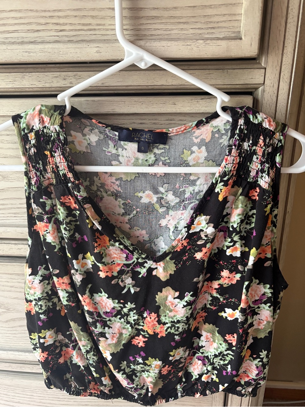 Rachel Rachel Roy Black Floral Smocked Sleeveless Crop Top Size S Boho Festival